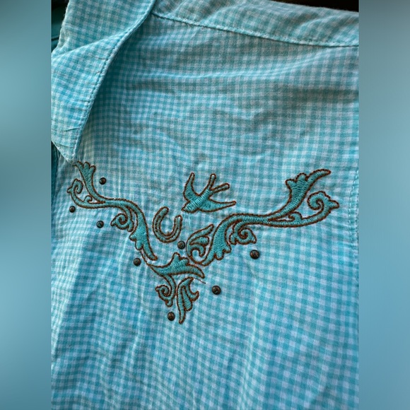 Vintage Western Shirt Cowgirl Southwestern Aqua Orange Country Top Festival - Picture 14 of 17